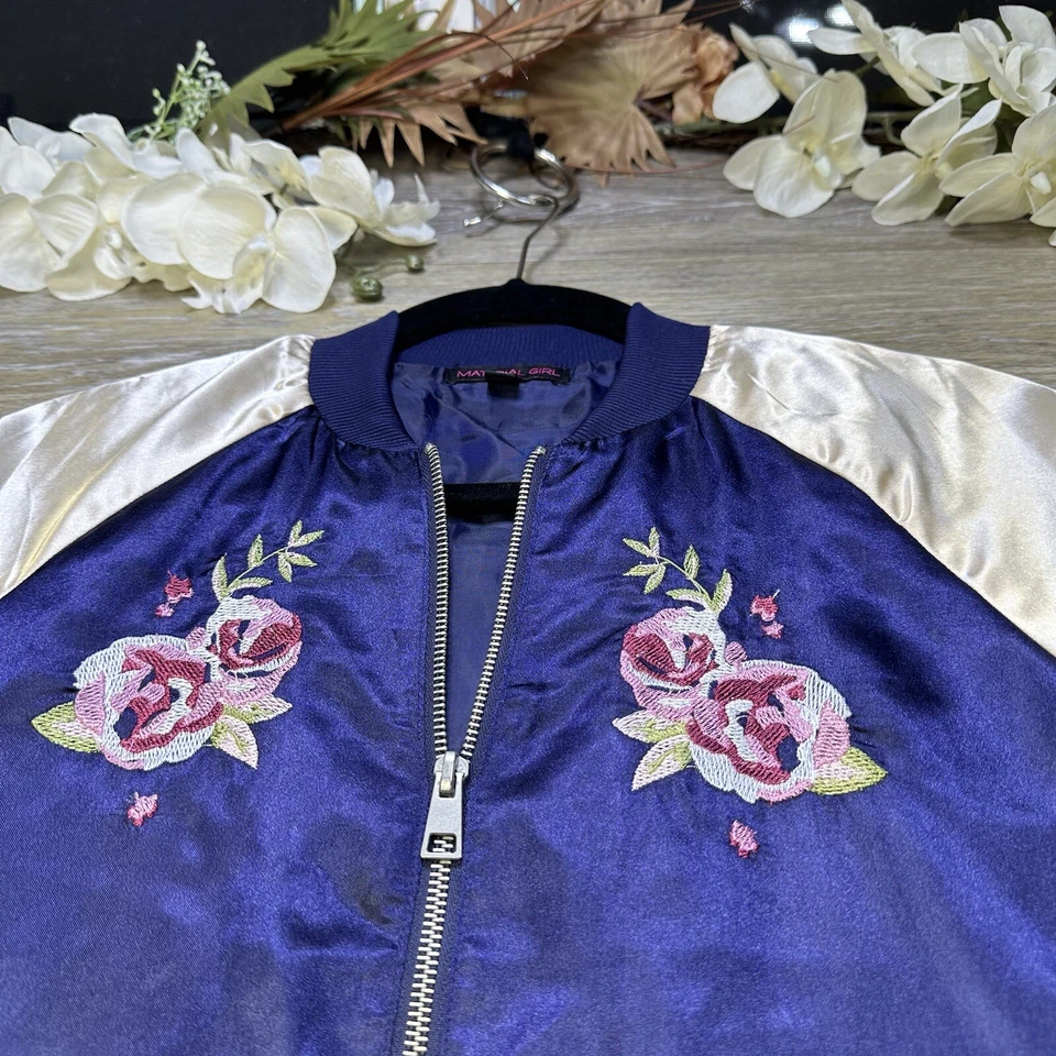 Material Girl Jacket Size XS Embroidered Flowers Varsity Jacket Blue /Beige Gold - Image 4 of 4