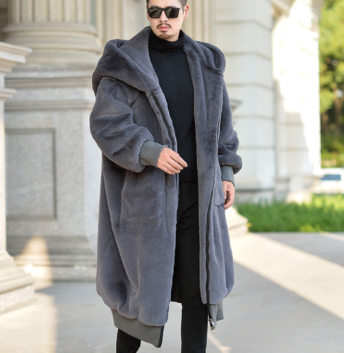 Men Oversize Faux Fur Coat Hooded Mid 