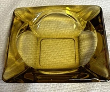 Vintage Amber Glass Square Ashtray, Heavy Duty, Thick Retro Gold, 6" x 6"