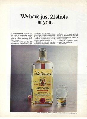 1967 Ballantines Blended Scotch Whiskey 21Shots Vintage Magazine Print Ad/Poster