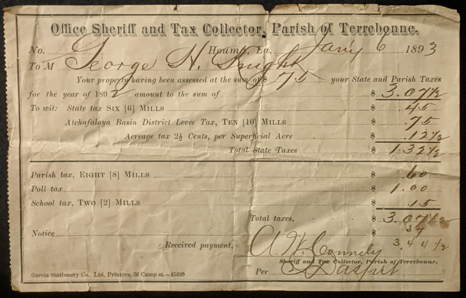 1893 Tax Document Signed by A. W. Connely Houma, La. Parish of Terrebonne eBay