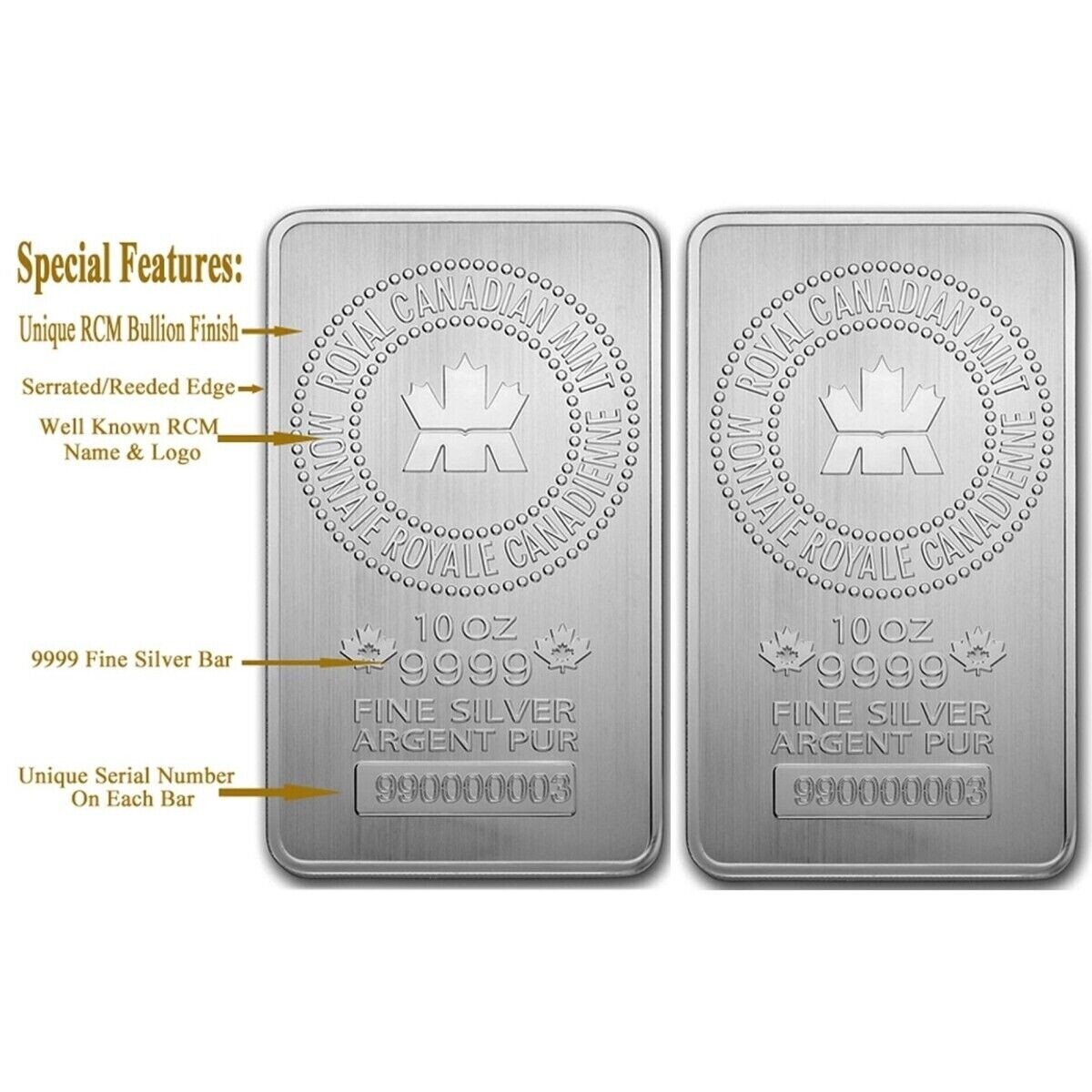 Lot of 2 - 10 oz Royal Canadian Mint (RCM) .9999 Fine Silver Bar