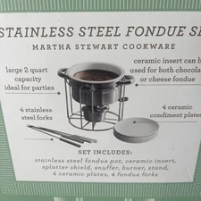 Martha Stewart Fondue Set Stainless Steel Ceramic 2 qt 14 Pcs Cheese Chocolate