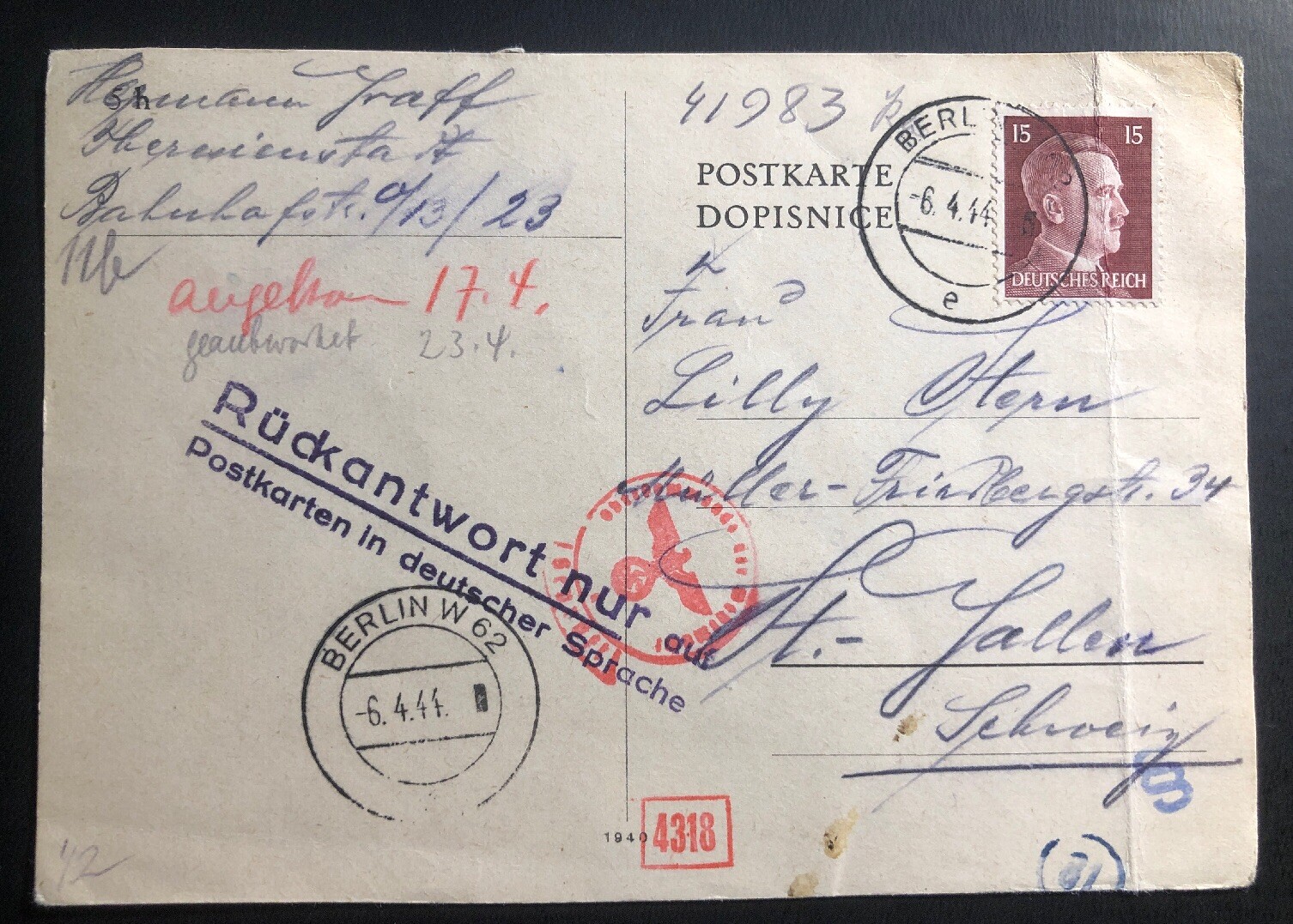 1944 Theresienstadt Bohemia Ghetto Censored Postcard to St Gallen Switzerland