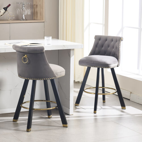 2 Set Upholstered Velvet Swivel Bar Stools 25.59" Counter Height Barstools Gray - Picture 9 of 12