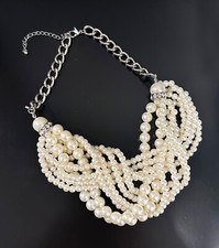Multi Strand Simulated Pearl Choker Collar  Rhinestone Beads Statement Necklace