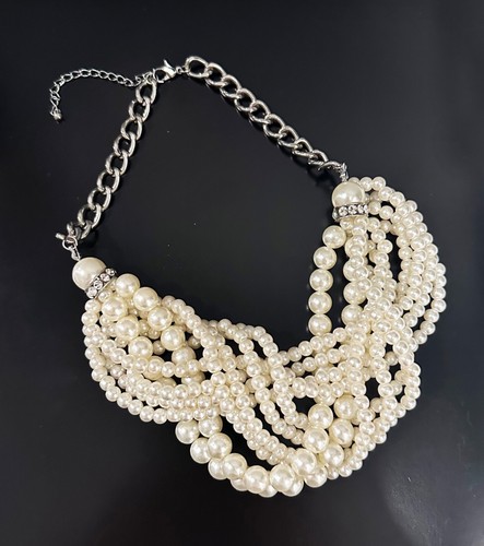 Multi Strand Simulated Pearl Choker Collar + Rhinestone Beads Statement Necklace