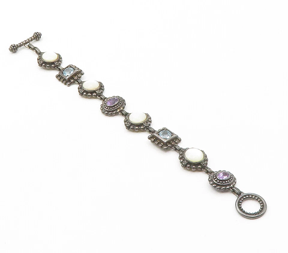 925 Silver  Vintage Mother Of Pearl Amethyst & Topaz Chain Bracelet  BT5975 - Image 3 of 4