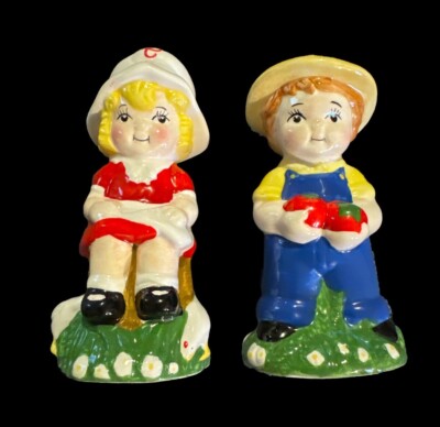 Vintage Campbell's Soup Kids Farmer Boy Girl Ceramic Salt & Pepper Shakers