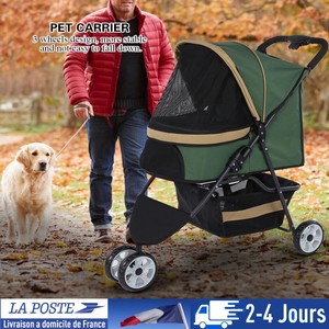 Détails Sur Poussette Pour Chien Chat Chariot Animaux 3 Roues Freins Toit Sac Pliable Vert