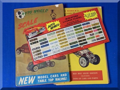 AUTO WORLD AW 1960 1961 CATALOGS - PLASTIC MODEL CARS & MODEL CAR RACING STICKER