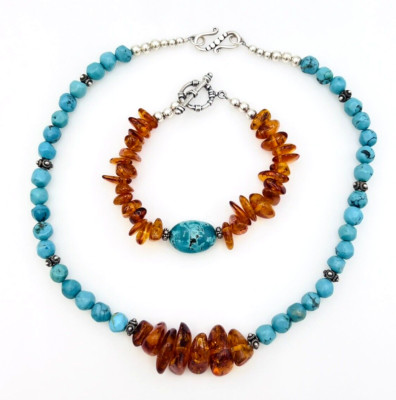 Turquoise Baltic Amber 925 Sterling Silver Necklace Bracelet Set