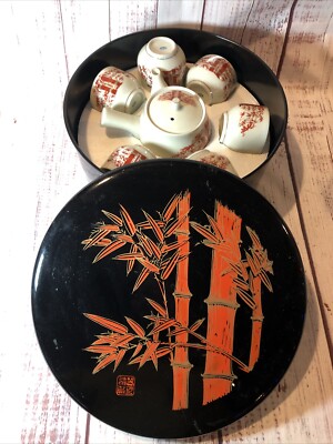 VINTAGE JGI Shaddy Mino Tea Pot Saki Set & 6 Cups Bamboo Design In Lacquerware