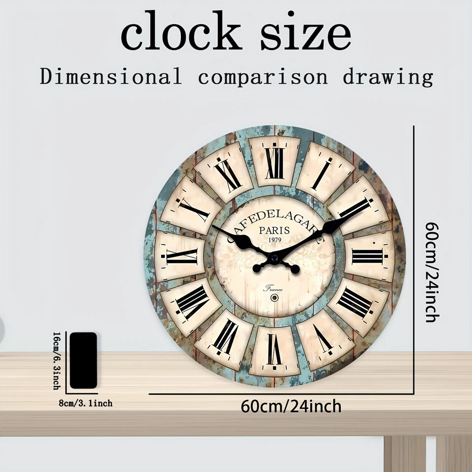 Reloj de pared 24 pulgadas extra grande madera corpulenta número romano París granja Foto 3 de 4