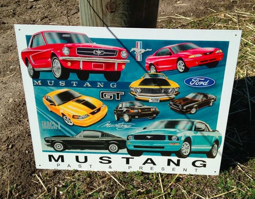 Vintage Ford Mustang Chronology Tin Metal Sign History Muscle Car Garage Classic