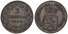 Old German States - Hesse Darmstadt 3 Kreuzer 1864 - Silver,1.23g,Ø 17mm Km#345