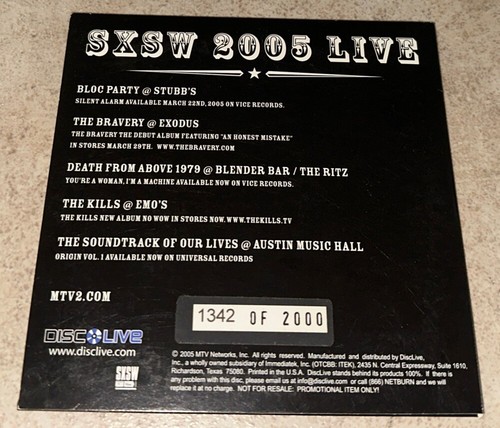 MTV 2 SXSW 2005 Live CD Rare OOP Only 2000 Made #’d Bloc Party The Bravery Kills - Picture 2 of 3
