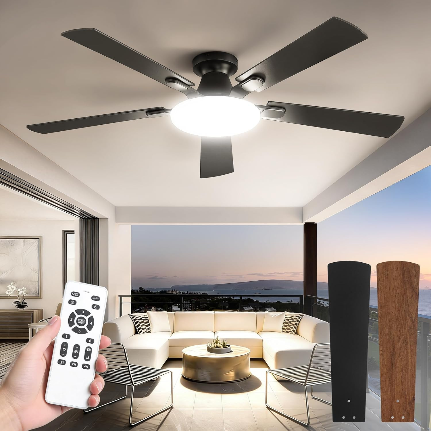 52 Inch Ceiling Fan with Lights and Remote, 30W 12