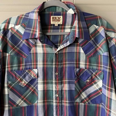 Ely Cattleman Vintage Western Plaid Snap Cuffed SS Shirt,Blue Red,XL