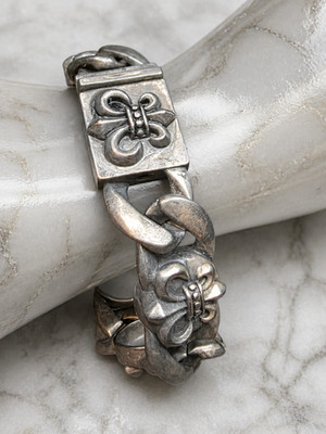VINTAGE 925 STERLING SILVER BRACELET 74.85g FLEUR DE LIS CHAIN 24cm