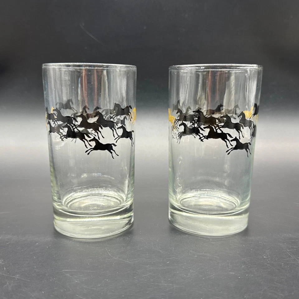 Vintage Horse Tumblers Libbey J Scott Stampede 1970s Black Gold Retro Barware - Image 3 of 4