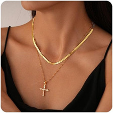 Layered Cross Necklace for Women - Dainty 14K Gold Silver Plated Stacked Necklac