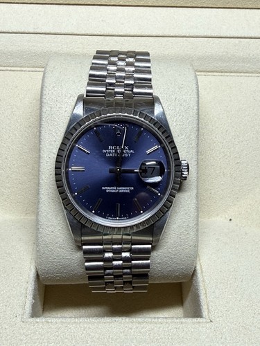 Rolex Datejust 36 16220 Blue Dial Engine Turned Bezel Jubilee ...