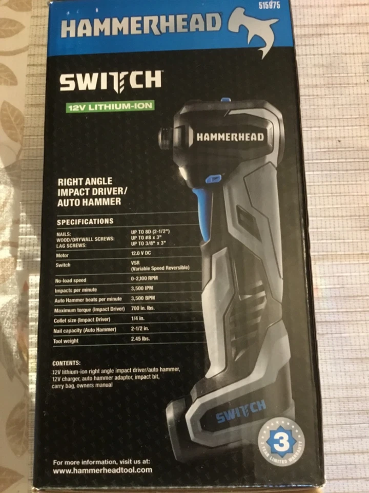 HAMMERHEAD HHS1200 12V Right Angle Impact Driver Auto Hammer 1/4" Collet Nail - Image 2 of 4
