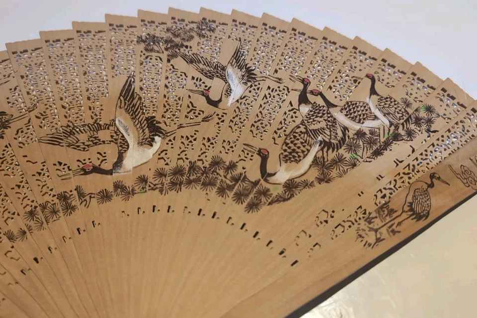 Ventilador Sensu plegable vintage escena grúa china - pintado en ambos lados Foto 2 de 4