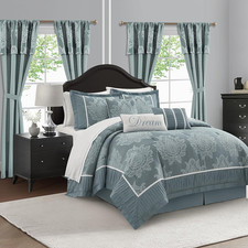 Blue Queen Comforter Set, 15 Pieces, Damask Jacquard Woven, Bedding Set with She