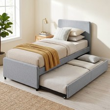 HOMCOM 90 x 190 cm Upholstered Single Bed, Pull Out Trundle Bed, Refurbished