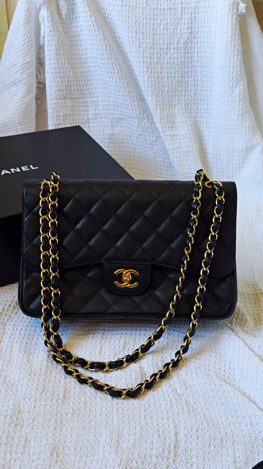 CHANEL Jumbo Classic Double Flap Black Caviar Gold Hardware Series 14 Authentic