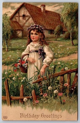 EAS~Lil Girl In White Dress By Rustic Fence~Flowers In Hair~Thatch Cottage~1912