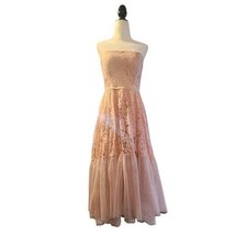 Vintage Peach Pink Prom Strapless Tea Length Dress Lace Toole 80s does 50s