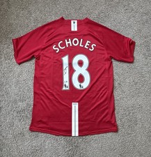 Paul Scholes Autograph Manchester Utd Home Soccer #18 Jersey (Beckett Holo)