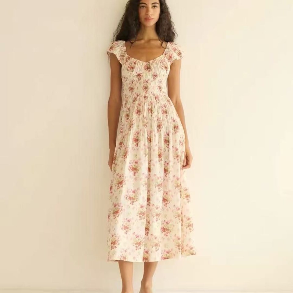 DOEN Countryside style waist cinching dress women vintage flower printed new