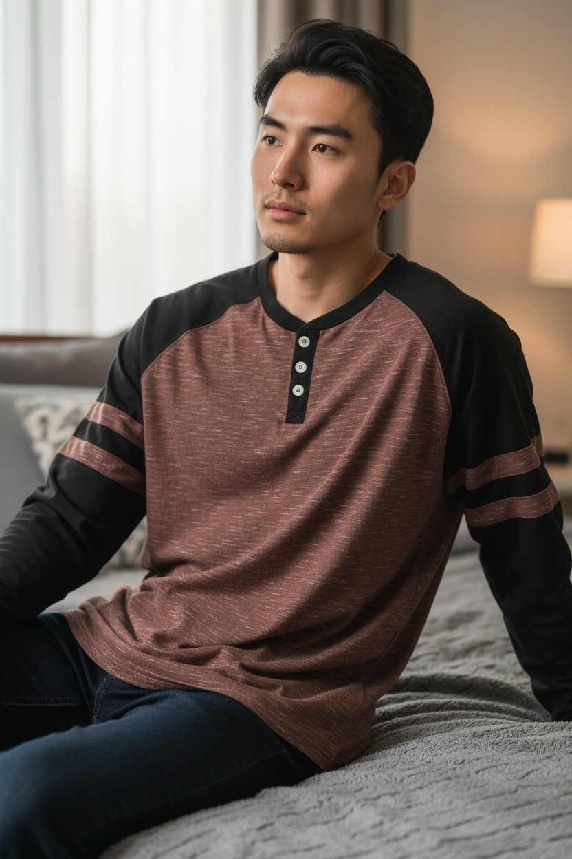 Zimego Mens XXL Long Sleeve Henley Shirt Maroon Casual Basic Lounge Pullover image 7