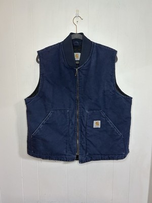 VTG Carhartt Insulated Vest Mens XL Navy Blue Quilted Lined Full Zip Workwear