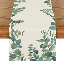 Eucalyptus Leaves Table Runner, Seasonal Spring Table Runner, 13" x 72" Green
