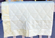 Vtg Quilted Baby Blanket Pastel Yellow Satiny Trim Roses 36" X 52" Unbranded NOS