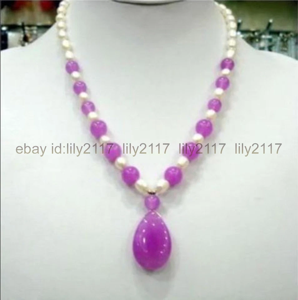 Красивый 7-8 мм белый культивированный жемчуг 8 мм фиолетовый нефрит драгоценные камни подвеска ожерелье 18» AA - Изображение 4 из 4