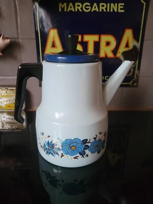 ANCIENNE CAFETIÈRE ÉMAILLÉE DÉCOR FLORAL FLEURS BLEU - Photo 1/4