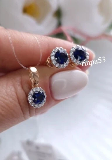 Juego de joyas Lab Syn zafiro alfombra roja ropa de fiesta para mujer real en 925 SS Foto 3 de 4