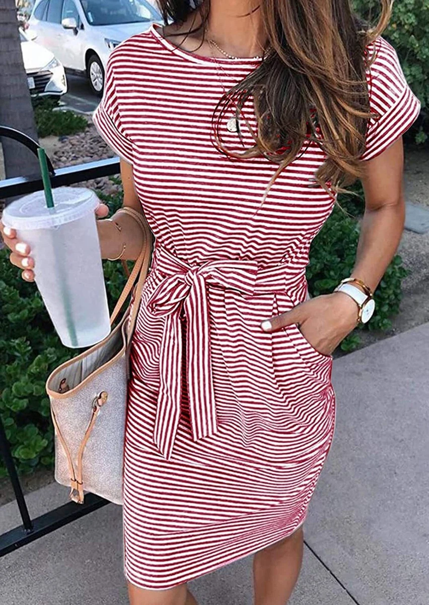 MEROKEETY Women's Summer Striped Short Sleeve T Shirt Dress Casual Tie Waist  Midi Dress, Black, S at  Women's Clothing store