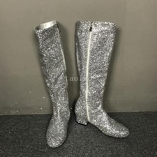 Womens Sequins Low Block Heels Side Zip Knight Knee High Boots Party Dress Shoes