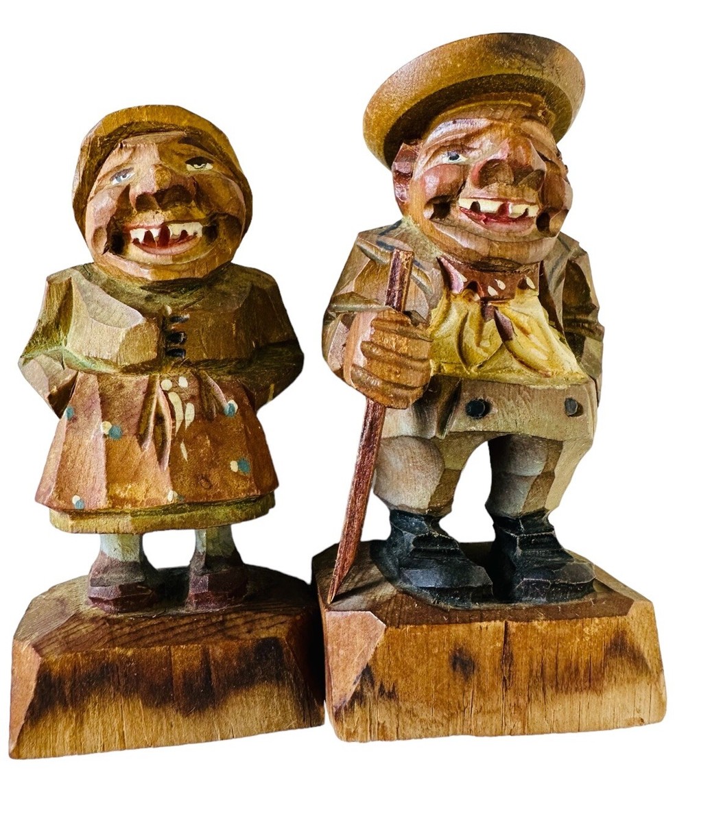 ANRI Wood Carvings Man With Walking Stick & Woman Teeth Smile Folk