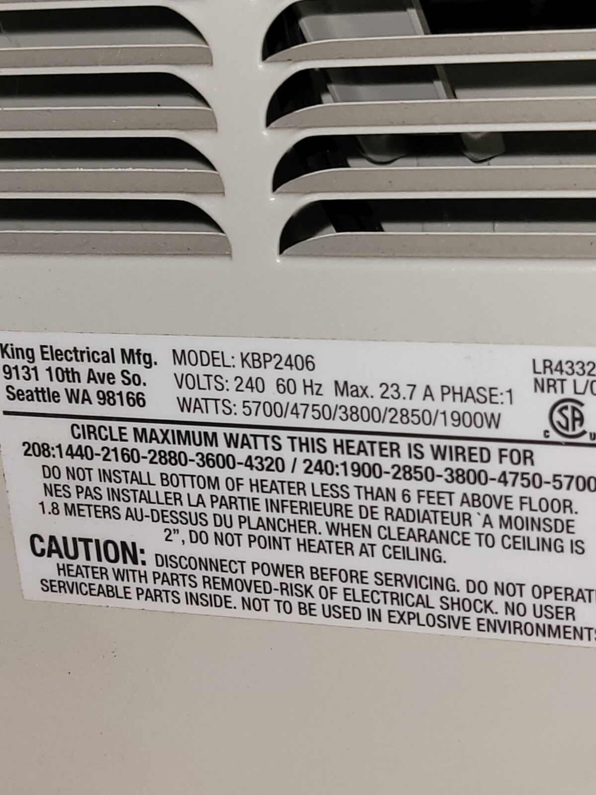 King Electric KBP2406 5700W Single Phase Unit Heater eBay