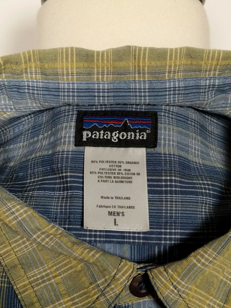 Patagonia Blue Green Striped Short Sleeve Pockets Button Up