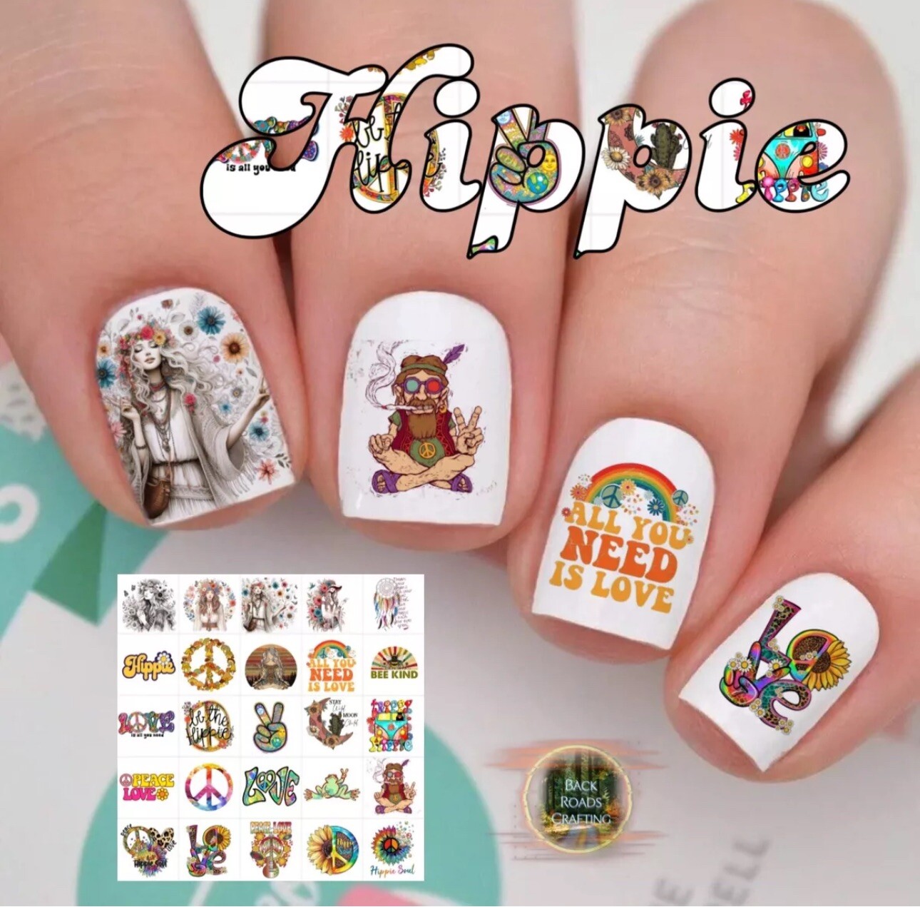 Groovy 70s Hippie Waterslide Nail Decals Set – 50 Designs with Instructions & Bonus