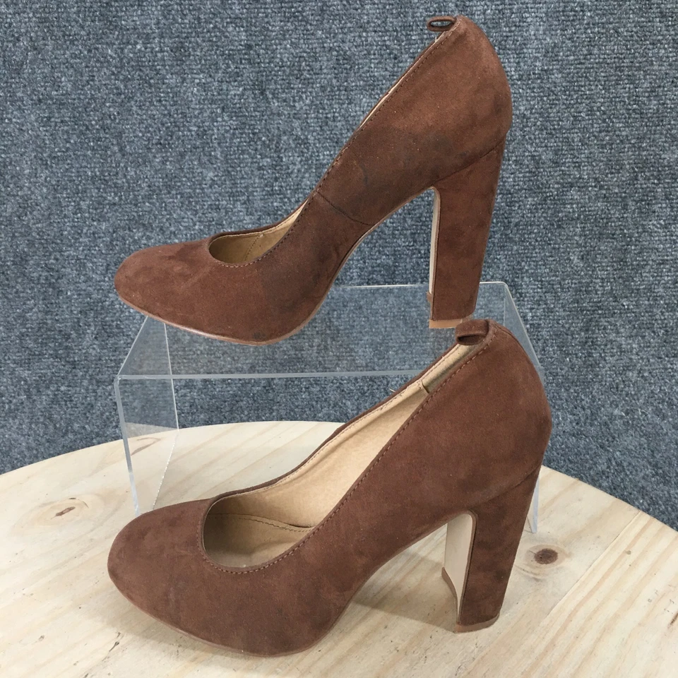 Alba Salto Alto Ultra Feminino 7 Blocos Biqueira Redonda Bombas Tecido Marrom Slip On - Imagem 2 de 4